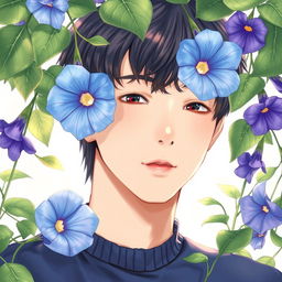 A detailed drawing of Han Jisung from Stray Kids, showcasing him in a serene setting surrounded by beautiful morning glory flowers