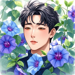 A detailed drawing of Han Jisung from Stray Kids, showcasing him in a serene setting surrounded by beautiful morning glory flowers