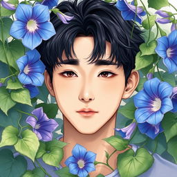 A detailed drawing of Han Jisung from Stray Kids, showcasing him in a serene setting surrounded by beautiful morning glory flowers