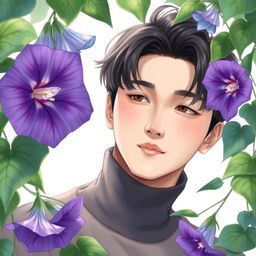 A detailed drawing of Han Jisung from Stray Kids, showcasing him in a serene setting surrounded by beautiful morning glory flowers