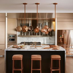 A modern kitchen with a central island and high-end stainless steel appliances. It is gleaming with warm lighting, and includes hanging pot racks filled with copper pots and pans.