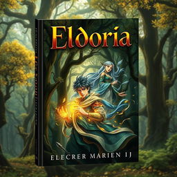 A captivating book cover for 'Eldoria' featuring a magical forest in the background, filled with ancient trees in rich shades of green and gold, symbolizing the beauty of nature