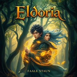 A captivating book cover for 'Eldoria' featuring a magical forest in the background, filled with ancient trees in rich shades of green and gold, symbolizing the beauty of nature