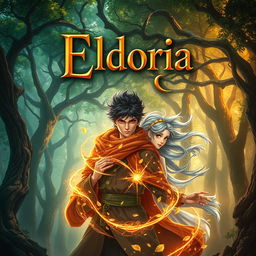 A captivating book cover for 'Eldoria' featuring a magical forest in the background, filled with ancient trees in rich shades of green and gold, symbolizing the beauty of nature