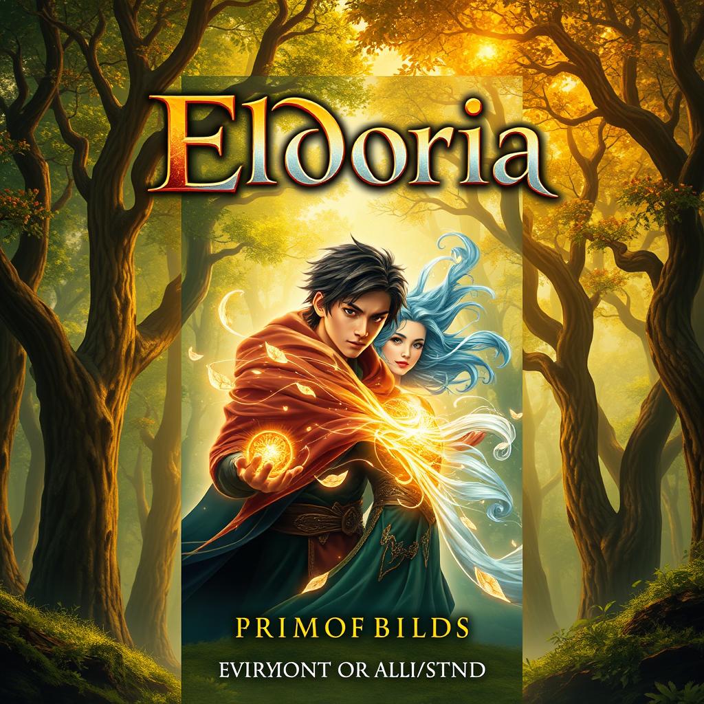 A captivating book cover for 'Eldoria' featuring a magical forest in the background, filled with ancient trees in rich shades of green and gold, symbolizing the beauty of nature