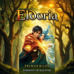 A captivating book cover for 'Eldoria' featuring a magical forest in the background, filled with ancient trees in rich shades of green and gold, symbolizing the beauty of nature