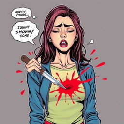 A dramatic comic style drawing depicting a young woman, with vibrant, expressive features, in a moment of deep emotional turmoil, as she tragically stabs herself in the chest