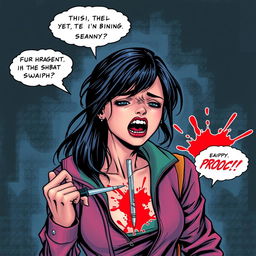 A dramatic comic style drawing depicting a young woman, with vibrant, expressive features, in a moment of deep emotional turmoil, as she tragically stabs herself in the chest