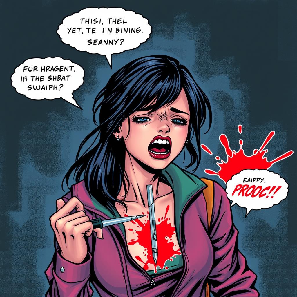 A dramatic comic style drawing depicting a young woman, with vibrant, expressive features, in a moment of deep emotional turmoil, as she tragically stabs herself in the chest