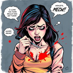 A dramatic comic style drawing depicting a young woman, with vibrant, expressive features, in a moment of deep emotional turmoil, as she tragically stabs herself in the chest