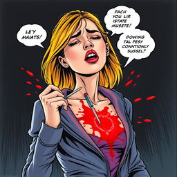 A dramatic comic style drawing depicting a young woman, with vibrant, expressive features, in a moment of deep emotional turmoil, as she tragically stabs herself in the chest