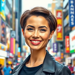 A stylish woman with short brown hair, showcasing a chic and modern look