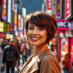 A stylish woman with short brown hair, showcasing a chic and modern look