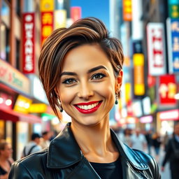 A stylish woman with short brown hair, showcasing a chic and modern look