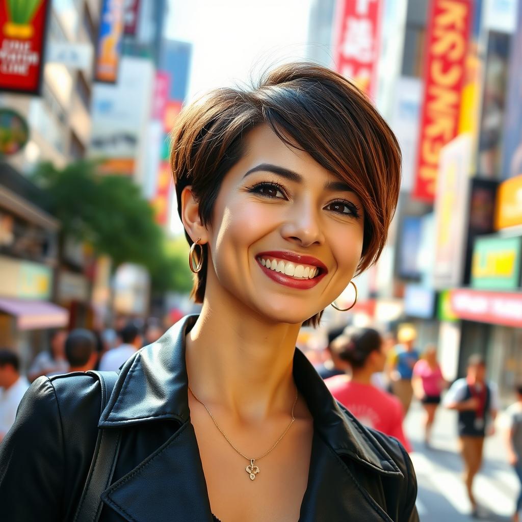 A stylish woman with short brown hair, showcasing a chic and modern look