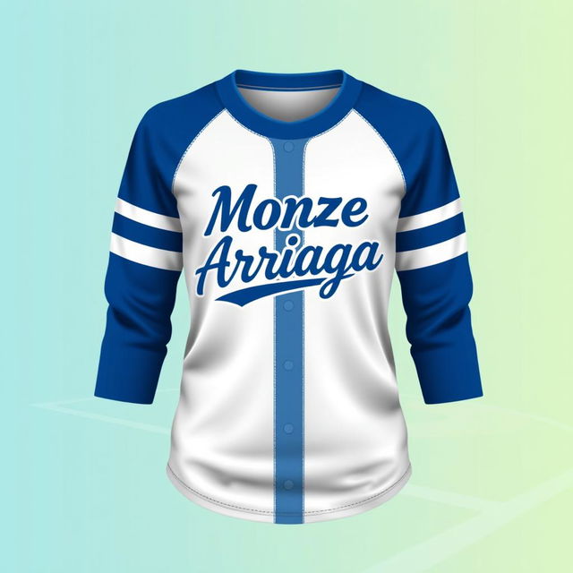 A realistic design for a girl's baseball shirt featuring the name 'Monze Arriaga' prominently displayed