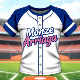A realistic design for a girl's baseball shirt featuring the name 'Monze Arriaga' prominently displayed