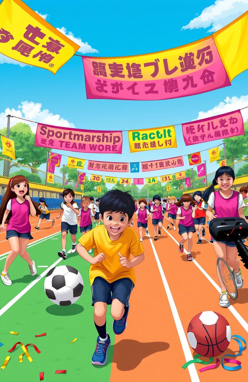 A vibrant scene depicting a school sports day, showcasing various athletic activities such as track races, soccer games, and basketball matches