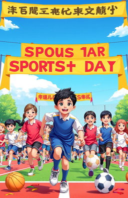 A vibrant scene depicting a school sports day, showcasing various athletic activities such as track races, soccer games, and basketball matches