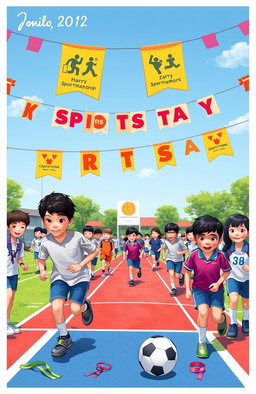 A vibrant scene depicting a school sports day, showcasing various athletic activities such as track races, soccer games, and basketball matches