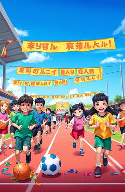 A vibrant scene depicting a school sports day, showcasing various athletic activities such as track races, soccer games, and basketball matches