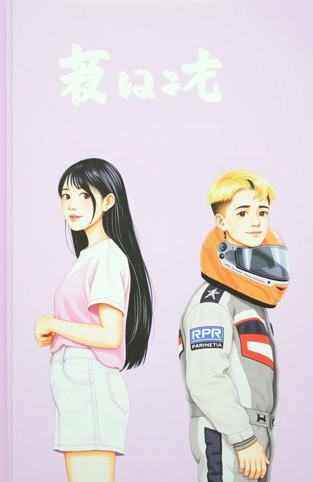 A light purple and pastel pink cover featuring a girl in casual clothing and a boy in racing attire (without a helmet), positioned opposite each other