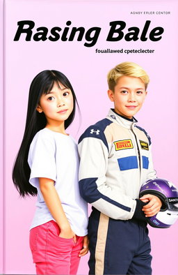 A light purple and pastel pink cover featuring a girl in casual clothing and a boy in racing attire (without a helmet), positioned opposite each other