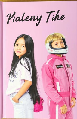 A light purple and pastel pink cover featuring a girl in casual clothing and a boy in racing attire (without a helmet), positioned opposite each other