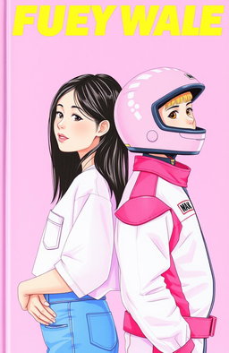 A light purple and pastel pink cover featuring a girl in casual clothing and a boy in racing attire (without a helmet), positioned opposite each other