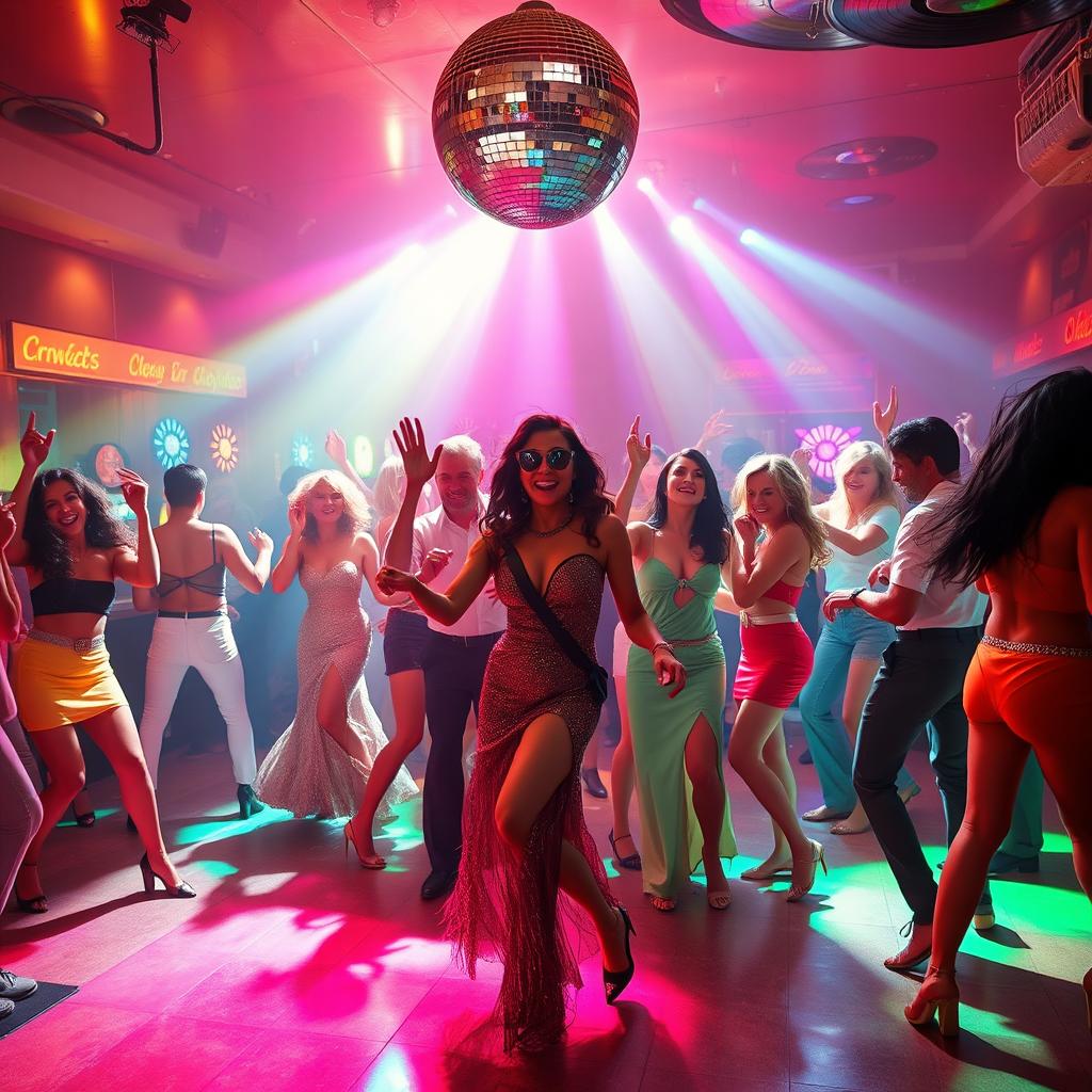 A vibrant and spicy Hollywood disco scene filled with energetic dancers in glamorous 70s-style outfits