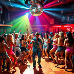 A vibrant and spicy Hollywood disco scene filled with energetic dancers in glamorous 70s-style outfits