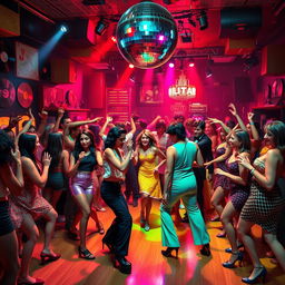 A vibrant and spicy Hollywood disco scene filled with energetic dancers in glamorous 70s-style outfits