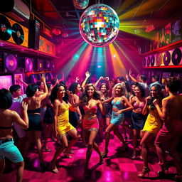 A vibrant and spicy Hollywood disco scene filled with energetic dancers in glamorous 70s-style outfits