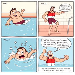 A four-panel comic strip depicting a humorous scenario where a character comically struggles in a swimming pool