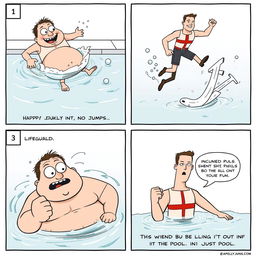 A four-panel comic strip depicting a humorous scenario where a character comically struggles in a swimming pool