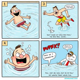 A four-panel comic strip depicting a humorous scenario where a character comically struggles in a swimming pool