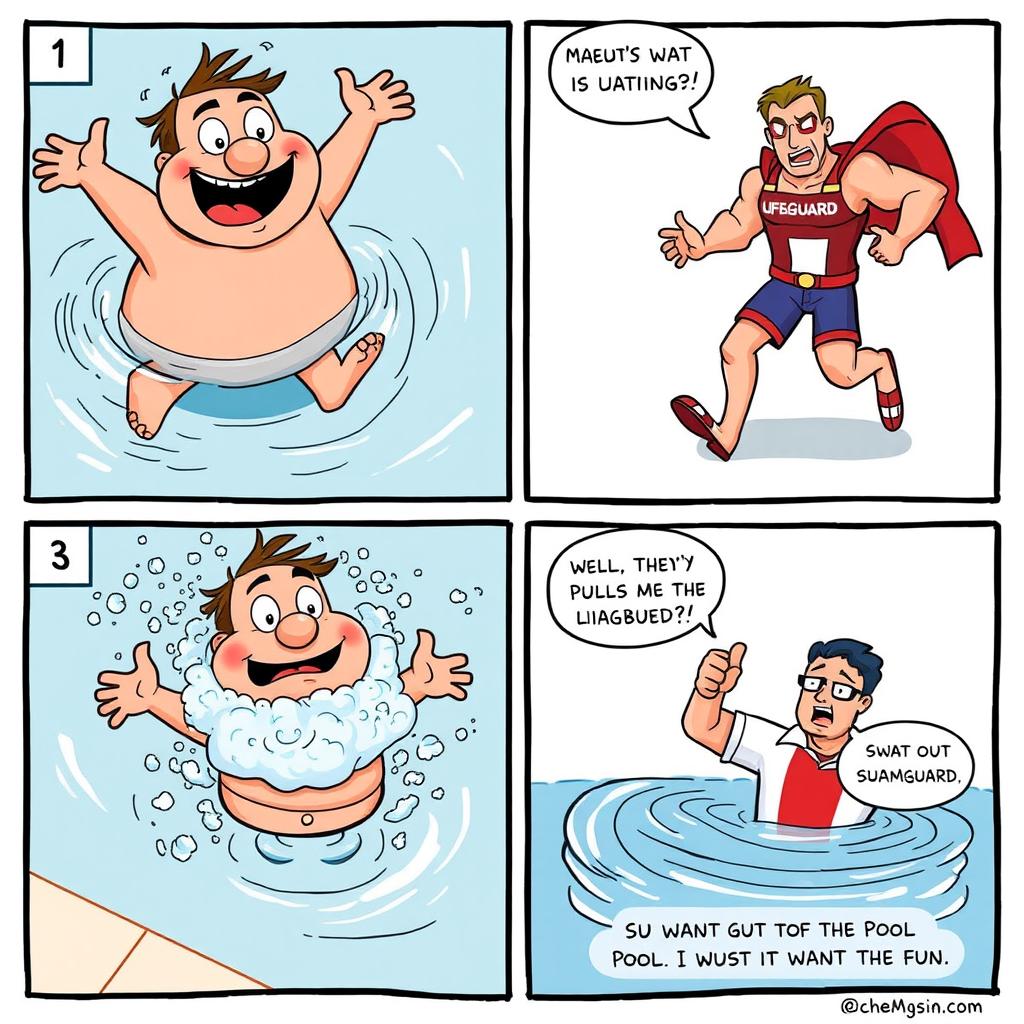 A four-panel comic strip depicting a humorous scenario where a character comically struggles in a swimming pool