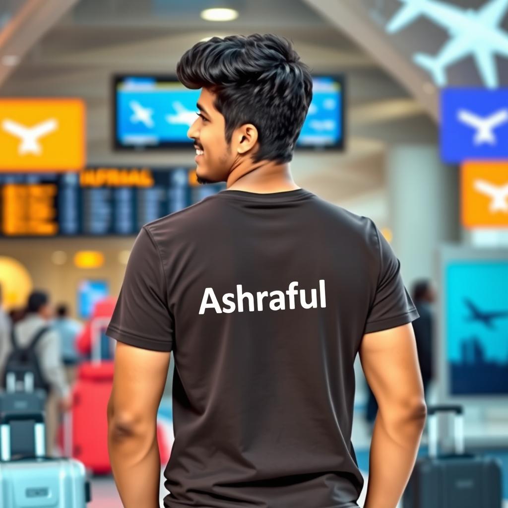 A young adult male named Ashraful wearing a casual T-shirt with his name printed on the back, standing in an airport or travel-themed environment, appearing optimistic and determined