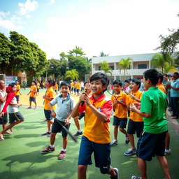 An energetic scene capturing a variety of sports activities at an Indonesian school, featuring students participating in traditional games like sepak takraw, basketball, and badminton