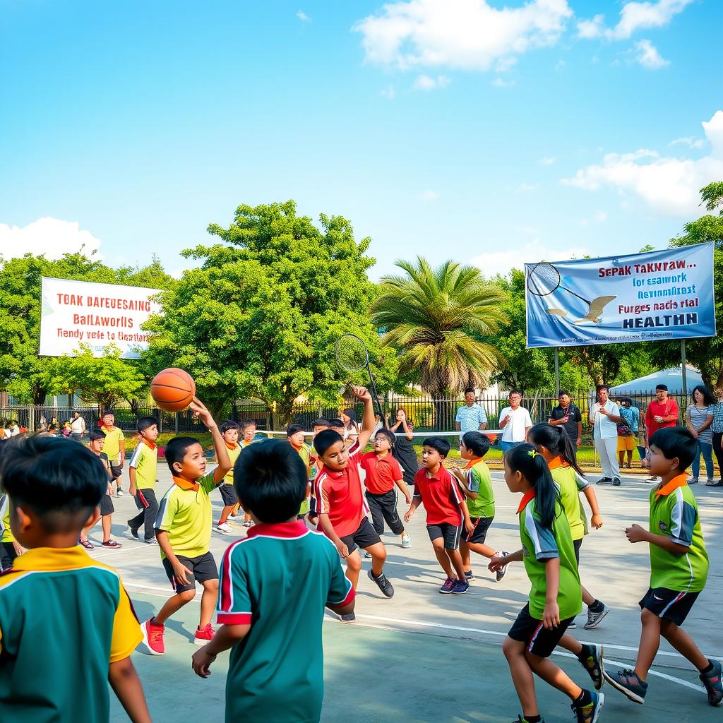 An energetic scene capturing a variety of sports activities at an Indonesian school, featuring students participating in traditional games like sepak takraw, basketball, and badminton