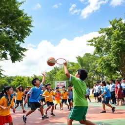 An energetic scene capturing a variety of sports activities at an Indonesian school, featuring students participating in traditional games like sepak takraw, basketball, and badminton