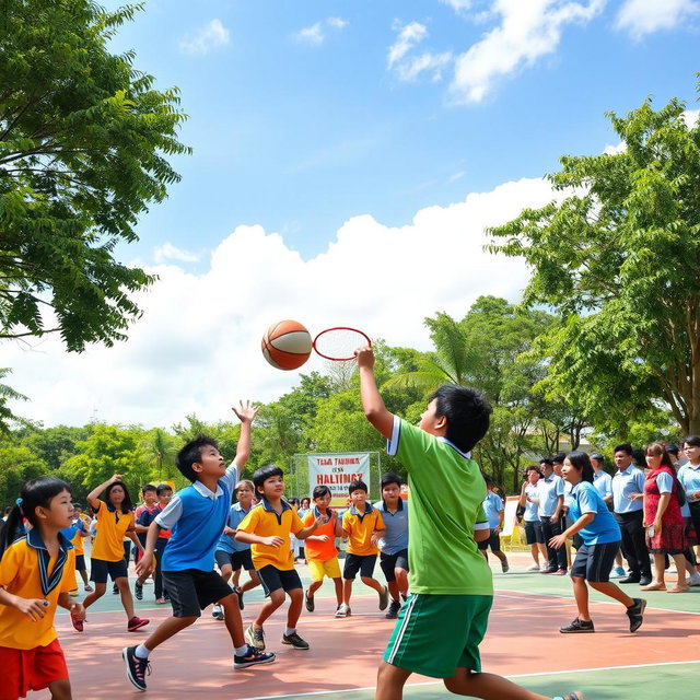 An energetic scene capturing a variety of sports activities at an Indonesian school, featuring students participating in traditional games like sepak takraw, basketball, and badminton