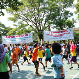 An energetic scene capturing a variety of sports activities at an Indonesian school, featuring students participating in traditional games like sepak takraw, basketball, and badminton
