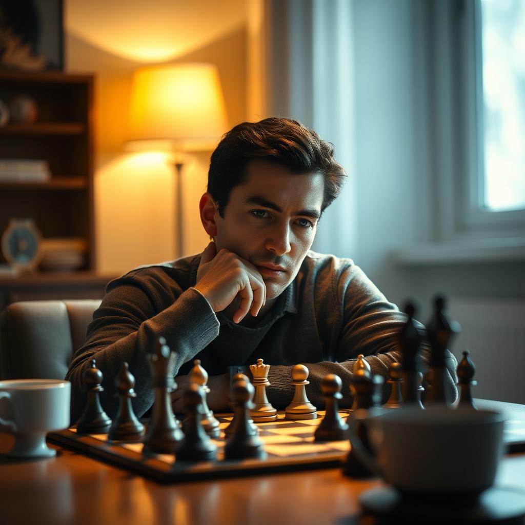 A serene scene of a thoughtful person sitting at a chess table, engaging in a deep strategic thinking process