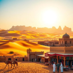 A vibrant and stunning landscape of Saudi Arabia showcasing its diverse beauty, featuring vast golden deserts with rolling dunes under a bright blue sky, and the iconic rock formations of Al-Ula in the background