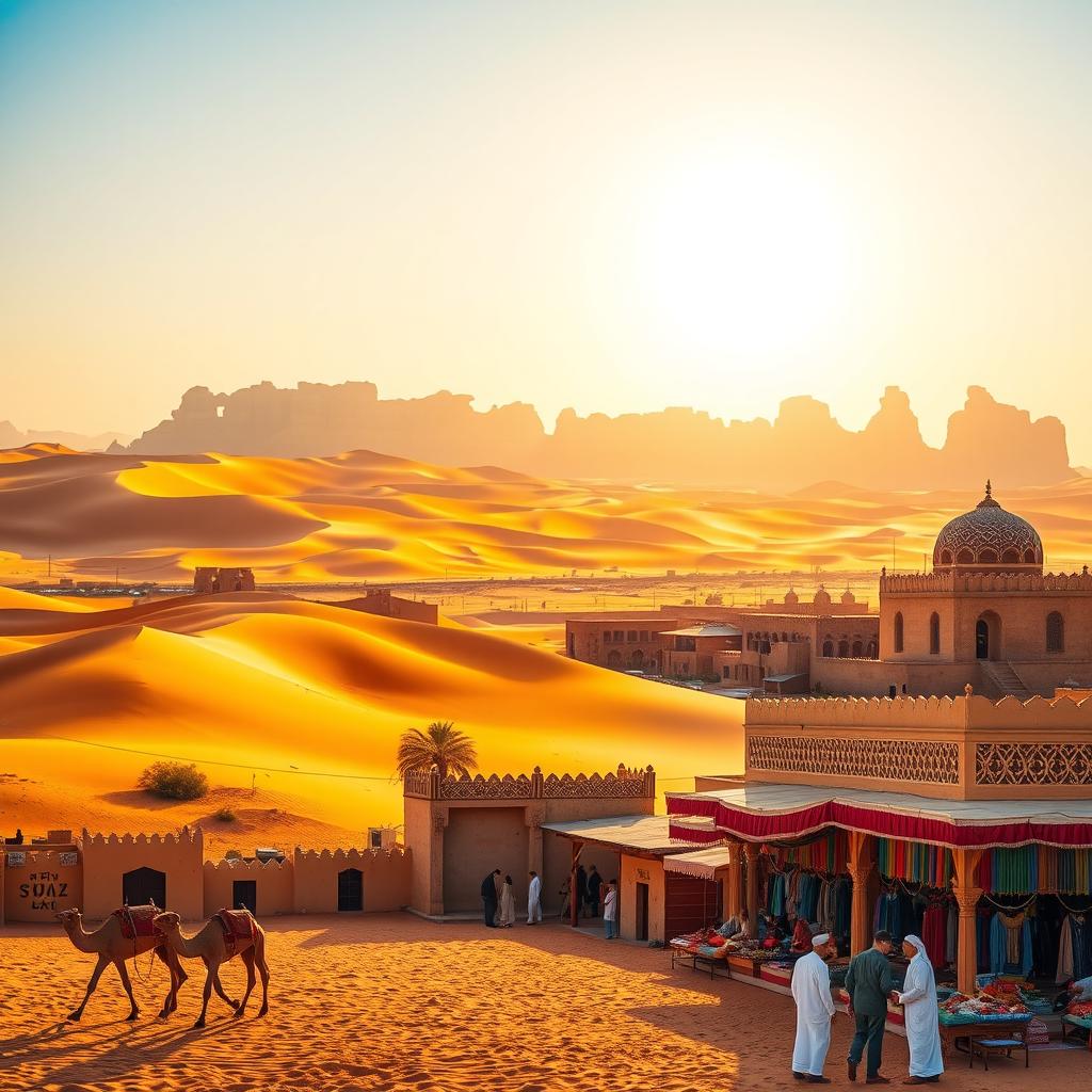 A vibrant and stunning landscape of Saudi Arabia showcasing its diverse beauty, featuring vast golden deserts with rolling dunes under a bright blue sky, and the iconic rock formations of Al-Ula in the background