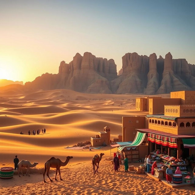 A vibrant and stunning landscape of Saudi Arabia showcasing its diverse beauty, featuring vast golden deserts with rolling dunes under a bright blue sky, and the iconic rock formations of Al-Ula in the background