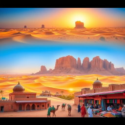 A vibrant and stunning landscape of Saudi Arabia showcasing its diverse beauty, featuring vast golden deserts with rolling dunes under a bright blue sky, and the iconic rock formations of Al-Ula in the background