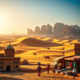 A vibrant and stunning landscape of Saudi Arabia showcasing its diverse beauty, featuring vast golden deserts with rolling dunes under a bright blue sky, and the iconic rock formations of Al-Ula in the background