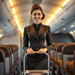 A stylish and elegant air hostess standing in an airplane aisle